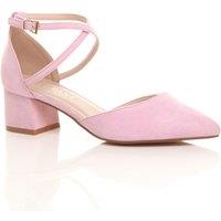 AJVANI Women's Mid Block Heel Crossed Strap Pointed Toe Faux Suede 2 Part Heels in Pale Pink | Size: 5