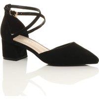 AJVANI Women's Mid Block Heel Crossed Strap Pointed Toe Faux Suede 2 Part Heels in Black | Size: 7