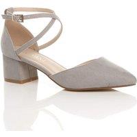 AJVANI Women's Mid Block Heel Crossed Strap Pointed Toe Faux Suede 2 Part Heels in Grey | Size: 5