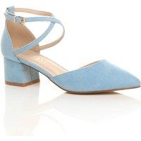 AJVANI Women's Mid Block Heel Crossed Strap Pointed Toe Faux Suede 2 Part Heels in Baby Blue | Size: 4