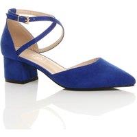 AJVANI Women's Mid Block Heel Crossed Strap Pointed Toe Faux Suede 2 Part Heels in Cobalt | Size: 4