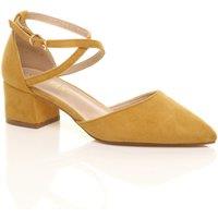 AJVANI Women's Mid Block Heel Crossed Strap Pointed Toe Faux Suede 2 Part Heels in Mustard | Size: 5