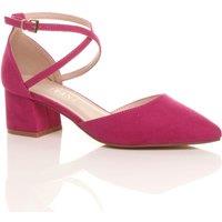 AJVANI Women's Mid Block Heel Crossed Strap Pointed Toe Faux Suede 2 Part Heels in Fuchsia | Size: 3