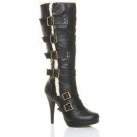 AJVANI Women's High Slim Heel Aviator Shearling Trim Calf Boots in Black | Size: 4