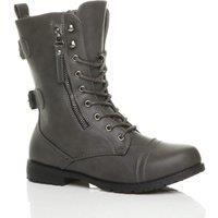 AJVANI Women's Low Heel Lace Up Zips Military Biker Faux Leather Ankle Boots in Grey | Size: 5