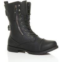 AJVANI Women's Low Heel Lace Up Zips Military Biker Faux Leather Ankle Boots in Black | Size: 6