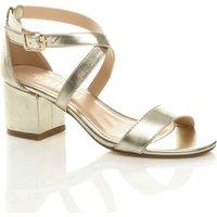 AJVANI Women's Mid Block Heel Crossed Straps Sandals in Gold | Size: 4
