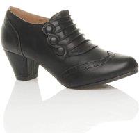 AJVANI Women's Mid Cuban Heel Brogue Button Faux Leather Ankle Boots in Black | Size: 7