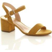 AJVANI Women's Mid Block Heel Ankle Strap Faux Suede Heeled Sandals in Mustard | Size: 3