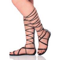 AJVANI Women's Flat Knee High Lace Up Gladiator Sandals in Black | Size: 9