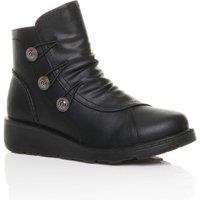 AJVANI Women's Low Wedge Heel Comfort Button Faux Leather Ankle Boots in Black | Size: 7