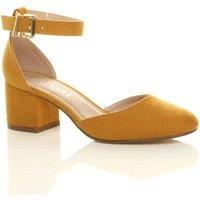 AJVANI Women's Mid Block Heel Ankle Strap Faux Suede 2 Part Heels in Mustard | Size: 4