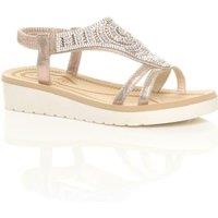 AJVANI Women's Low Wedge Heel Diamante T-Bar Slingback Sandals Flatforms in Rose Gold | Size: 7