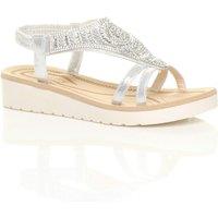 AJVANI Women's Low Wedge Heel Diamante T-Bar Slingback Sandals Flatforms in Silver | Size: 3
