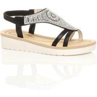 AJVANI Women's Low Wedge Heel Diamante T-Bar Slingback Sandals Flatforms in Black | Size: 5