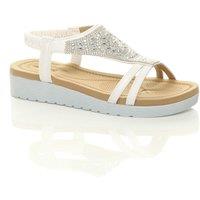 AJVANI Women's Low Wedge Heel Diamante T-Bar Slingback Sandals Flatforms in White | Size: 5