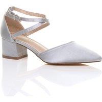 AJVANI Women's Mid Block Heel Crossed Strap Pointed Toe Satin 2 Part Heels in Silver | Size: 8