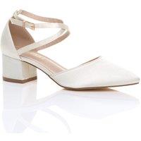 AJVANI Women's Mid Block Heel Crossed Strap Pointed Toe Satin 2 Part Heels in Ivory | Size: 5