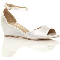 AJVANI Women's Mid Wedge Heel Ankle Strap Satin Sandals in White | Size: 5