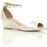AJVANI Women's Mid Wedge Heel Ankle Strap Satin Sandals in Ivory | Size: 3