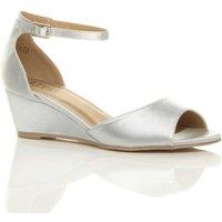 AJVANI Women's Mid Wedge Heel Ankle Strap Satin Sandals in Silver | Size: 8