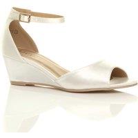 AJVANI Women's Mid Wedge Heel Ankle Strap Satin Sandals in Ivory | Size: 8