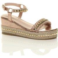 AJVANI Women's Mid Wedge Heel Studded Flatform Sandals Espadrilles in Rose Gold | Size: 8