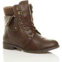 AJVANI Women's Low Heel Lace Up Knitted Collar Biker Faux Leather Ankle Boots in Brown | Size: 6