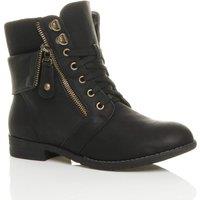 AJVANI Women's Low Heel Lace Up Knitted Collar Biker Faux Leather Ankle Boots in Black | Size: 5