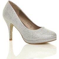 AJVANI Women's High Heel Glitter Mesh Court Shoes in Silver | Size: 5