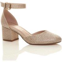 AJVANI Women's Mid Block Heel Ankle Strap Glitter Mesh 2 Part Heels in Rose Gold | Size: 4