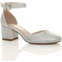 AJVANI Women's Mid Block Heel Ankle Strap Glitter Mesh 2 Part Heels in Silver | Size: 6