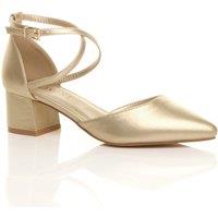 AJVANI Women's Mid Block Heel Crossed Strap Pointed Toe Faux Leather 2 Part Heels in Gold | Size: 5