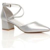 AJVANI Women's Mid Block Heel Crossed Strap Pointed Toe Faux Leather 2 Part Heels in Silver | Size: 6