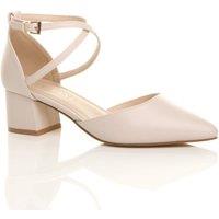 AJVANI Women's Mid Block Heel Crossed Strap Pointed Toe Faux Leather 2 Part Heels in Nude | Size: 4