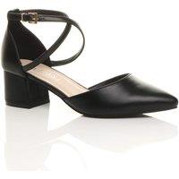 AJVANI Women's Mid Block Heel Crossed Strap Pointed Toe Faux Leather 2 Part Heels in Black | Size: 5