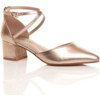AJVANI Women's Mid Block Heel Crossed Strap Pointed Toe Faux Leather 2 Part Heels in Rose Gold | Size: 4
