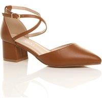AJVANI Women's Mid Block Heel Crossed Strap Pointed Toe Faux Leather 2 Part Heels in Tan | Size: 7