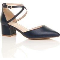 AJVANI Women's Mid Block Heel Crossed Strap Pointed Toe Faux Leather 2 Part Heels in Navy | Size: 5