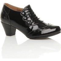 AJVANI Women's Mid Cuban Heel Brogue Button Patent Ankle Boots in Black | Size: 7