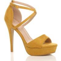 AJVANI Women's High Heel Crossed Straps Platform Faux Suede 2 Part Heels in Mustard | Size: 5