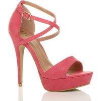 AJVANI Women's High Heel Crossed Straps Platform Faux Suede 2 Part Heels in Coral | Size: 4