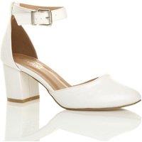 AJVANI Women's Mid Block Heel Ankle Strap Faux Leather 2 Part Heels in White | Size: 6