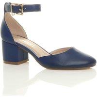 AJVANI Women's Mid Block Heel Ankle Strap Faux Leather 2 Part Heels in Navy | Size: 7
