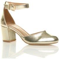 AJVANI Women's Mid Block Heel Ankle Strap Faux Leather 2 Part Heels in Metallic Gold | Size: 5