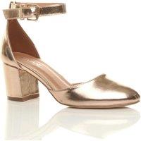AJVANI Women's Mid Block Heel Ankle Strap Faux Leather 2 Part Heels in Rose Gold | Size: 6