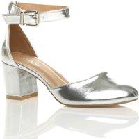 AJVANI Women's Mid Block Heel Ankle Strap Faux Leather 2 Part Heels in Silver | Size: 6