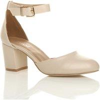 AJVANI Women's Mid Block Heel Ankle Strap Faux Leather 2 Part Heels in Nude | Size: 8