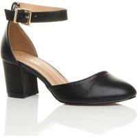 AJVANI Women's Mid Block Heel Ankle Strap Faux Leather 2 Part Heels in Black | Size: 8
