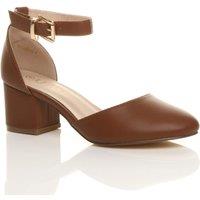 AJVANI Women's Mid Block Heel Ankle Strap Faux Leather 2 Part Heels in Tan | Size: 7